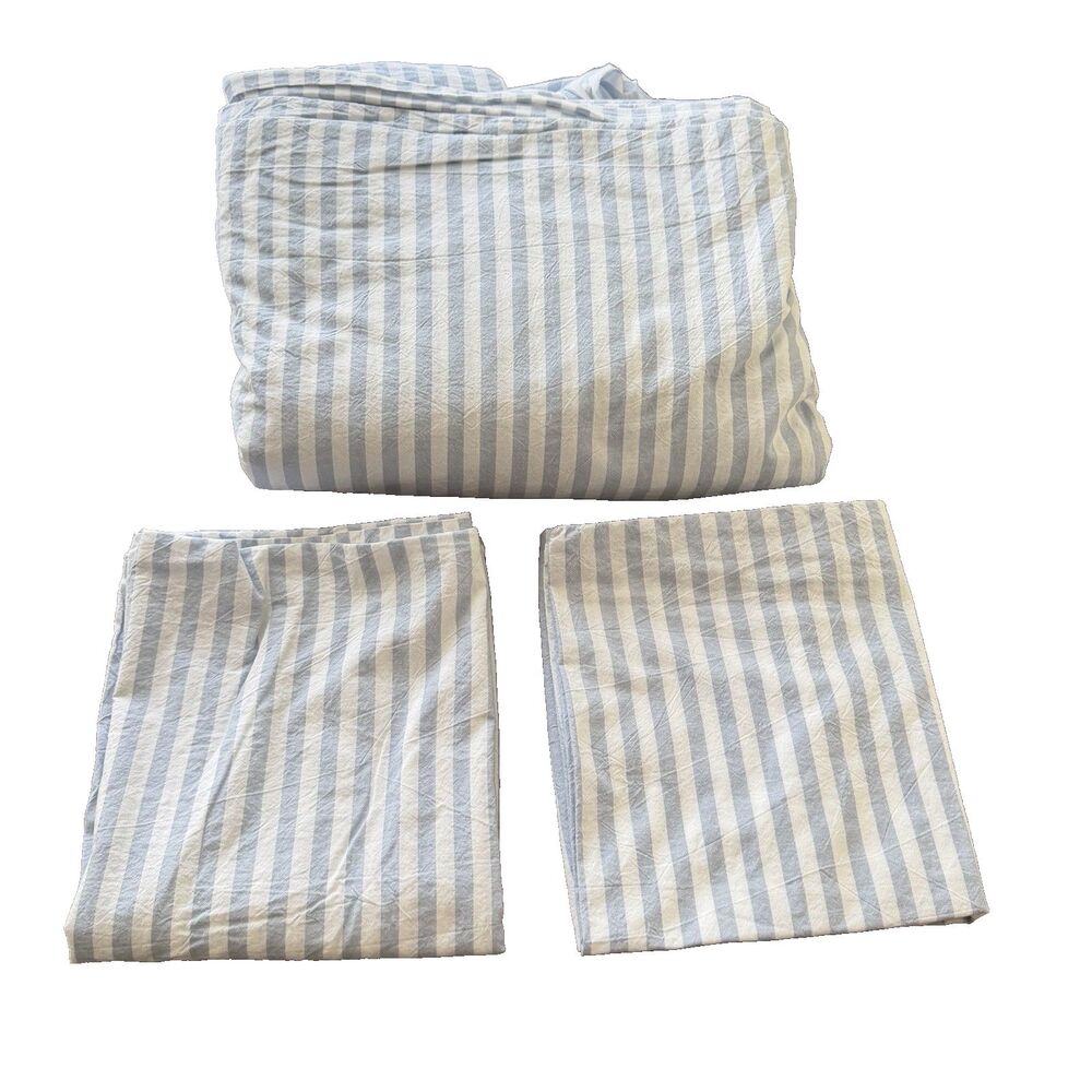 Moomee Duvet Cover Set With 2 Pillow Cases King Size Cotton White Blue Stripe